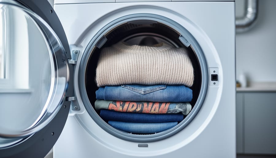 Close-up of a modern dryer door with neatly folded cashmere sweater and denim inside, photographed in a clean laundry room setting to suggest proper dryer maintenance.