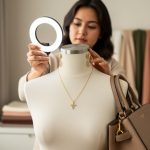 A fashion influencer styling a pendant necklace, statement earrings, and a handbag on a mannequin near a vanity with soft light for ecommerce content.