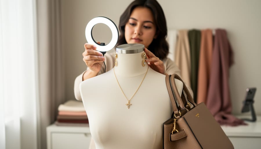 A fashion influencer styling a pendant necklace, statement earrings, and a handbag on a mannequin near a vanity with soft light for ecommerce content.