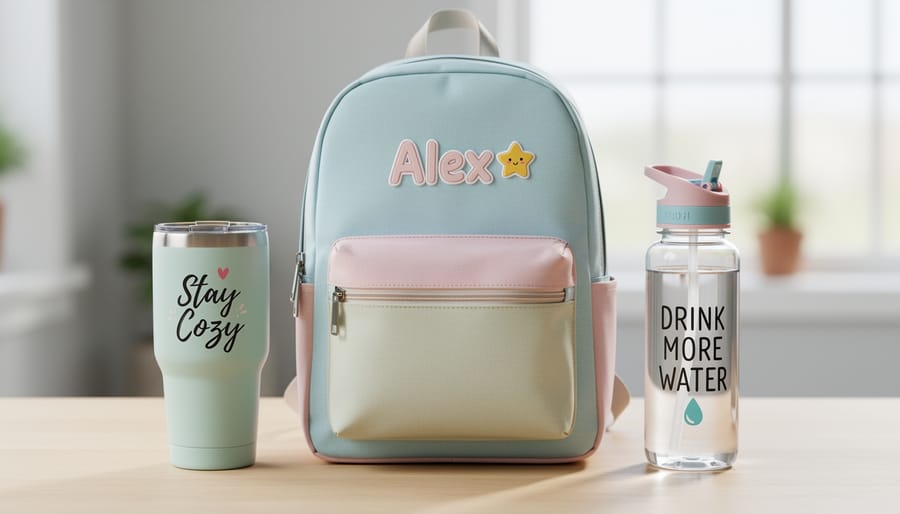 Personalized toddler gift items laid out on a table, including a backpack and water bottle