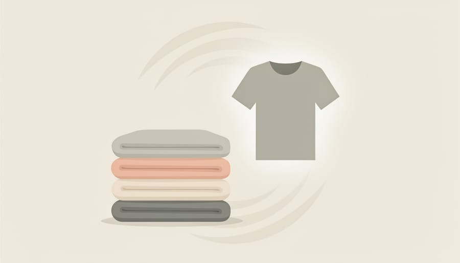 Folded dried clothes and wool dryer balls on a bed showing soft textures and clean freshness.