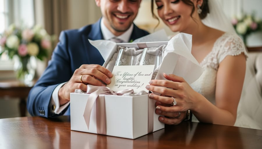 Handwritten wedding note placed beside a personalized favor box and tag