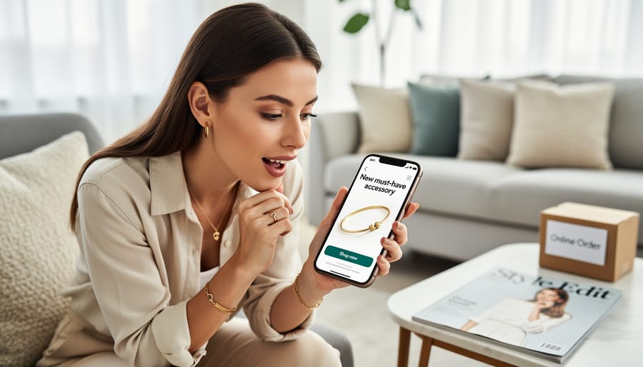 Woman holding a stylish handbag while looking at her phone with a blurred shopping feed