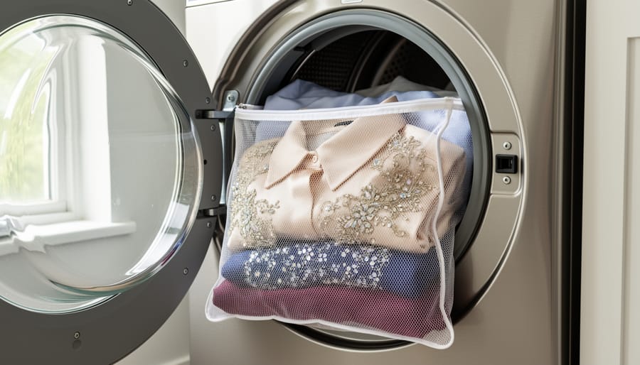 Silk scarf and embellished top placed in a mesh laundry bag on a counter near a dryer.