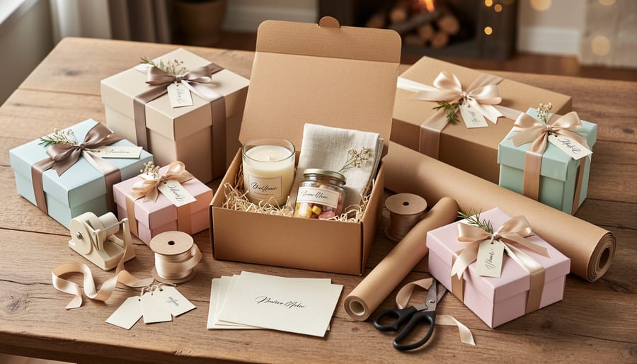Overhead view of carefully packed wedding favors in a shipping box with tissue and ribbon