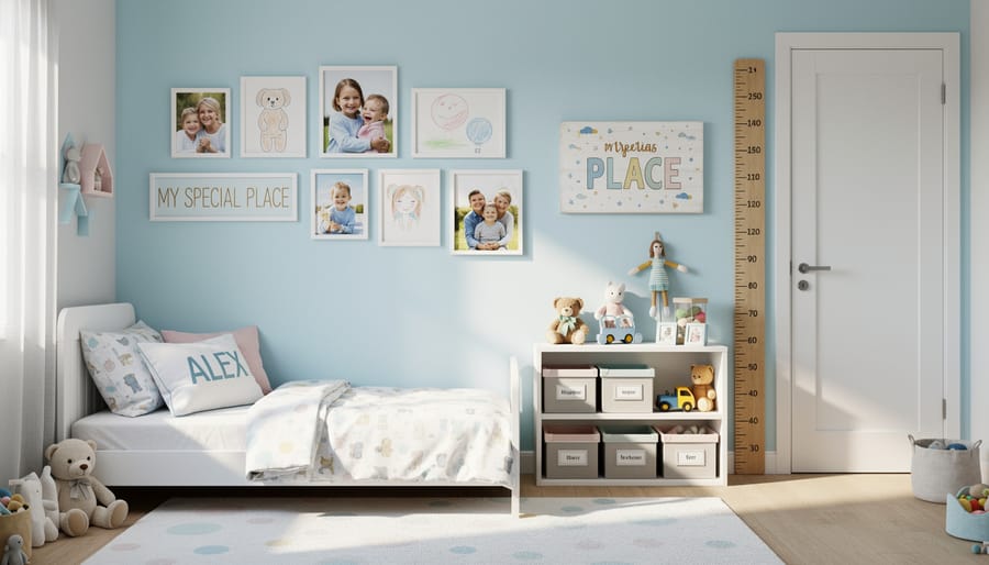 Toddler bedroom decor with a personalized wall plaque and soft furnishings in warm sunlight