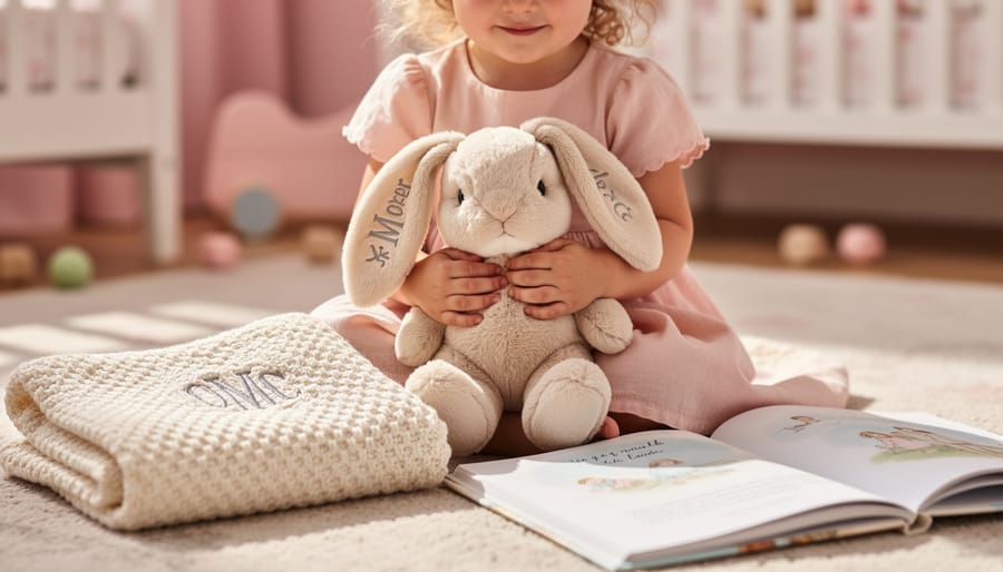 A toddler girl’s hands holding a personalized bunny plush next to a monogrammed blanket and an open custom storybook in a bright, cozy room.