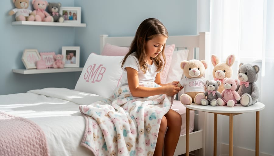 A toddler playing with a plush personalized stuffed animal and accessories on the floor