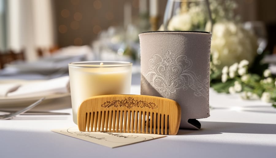Personalized wedding gifts, including an engraved bamboo comb, a frosted candle, and a custom koozie, arranged on wedding reception linens with a note beside them.