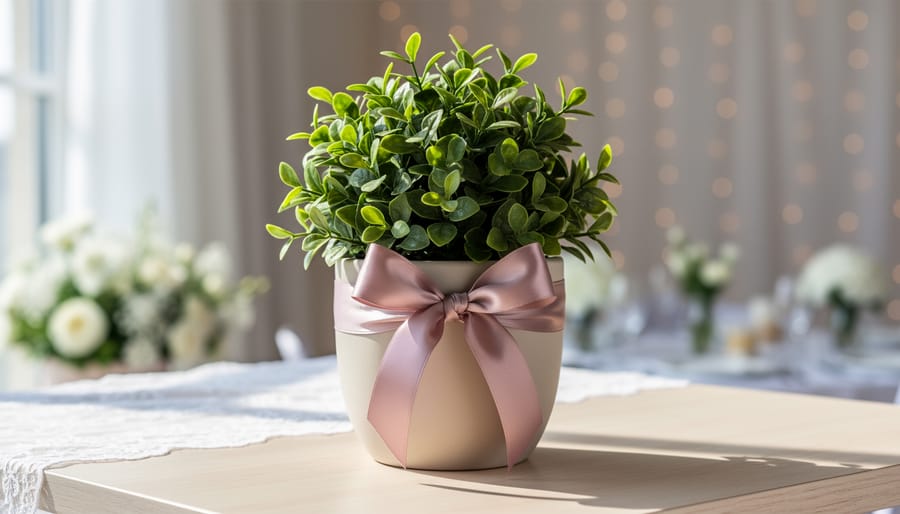 Potted plant gift with ribbon on a wedding reception table