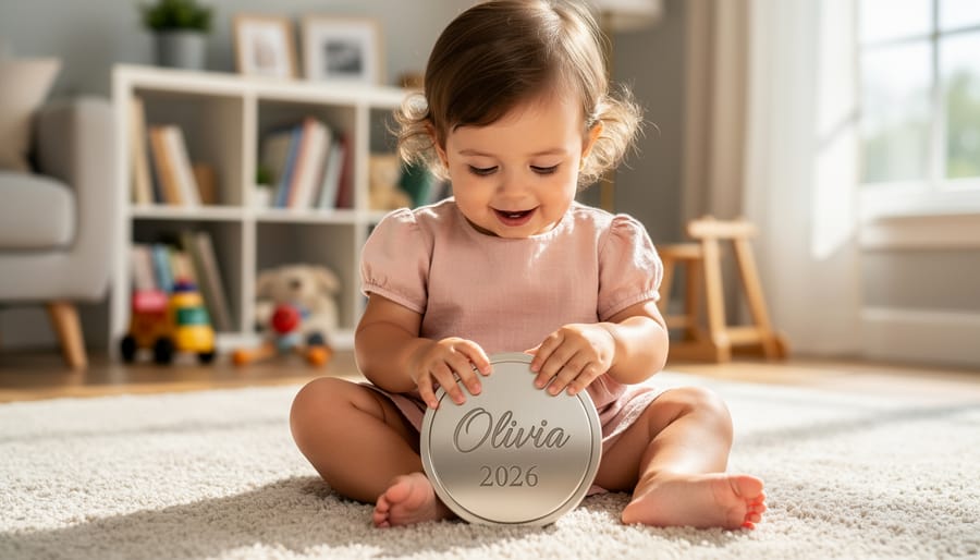 A toddler girl holding a personalized keepsake item in a softly lit room