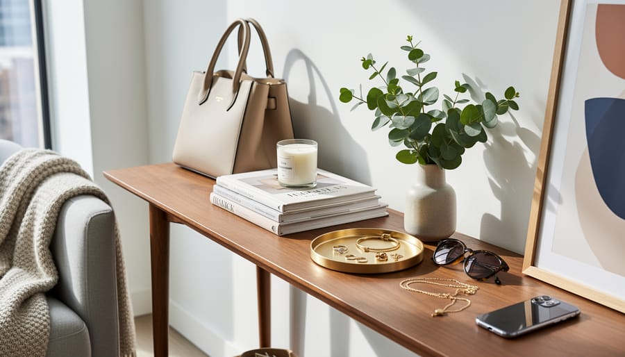 Styled accessories on a marble table next to a smartphone displaying an unbranded photo grid