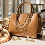Close-up lifestyle photo of a handbag, layered gold necklaces, earrings, a silk scarf, and sunglasses styled on a cafe table with soft sunlight and a blurred background.