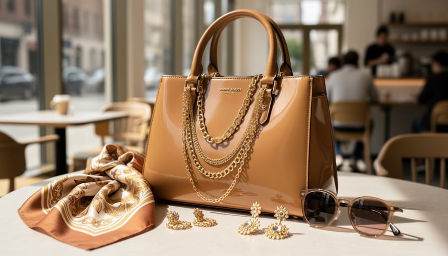 Close-up lifestyle photo of a handbag, layered gold necklaces, earrings, a silk scarf, and sunglasses styled on a cafe table with soft sunlight and a blurred background.