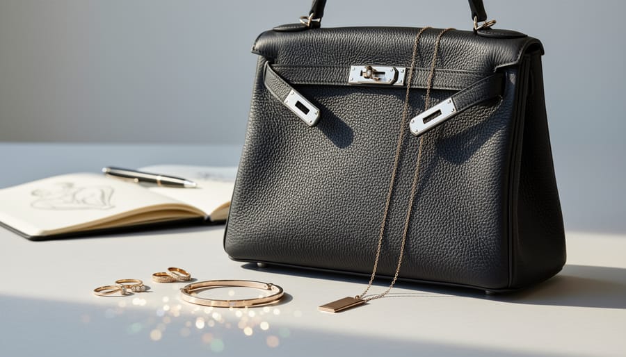 Hand holding a leather shoulder bag with a charm necklace displayed on a sunlit windowsill