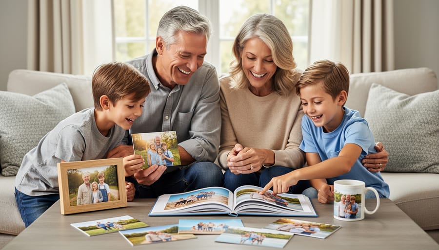 A person in Canada holding a wrapped personalized photo gift in a cozy living room with family surroundings.