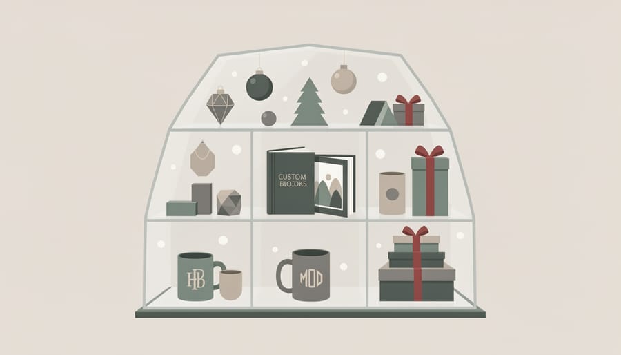 Gift display case featuring jewelry, an ornament, and folded apparel in soft candlelit lighting