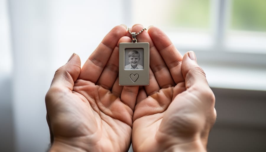 Hands holding a memorial ornament near a softly lit Christmas tree