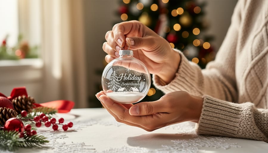 Person writing a holiday card while holding a small keepsake ornament in a box