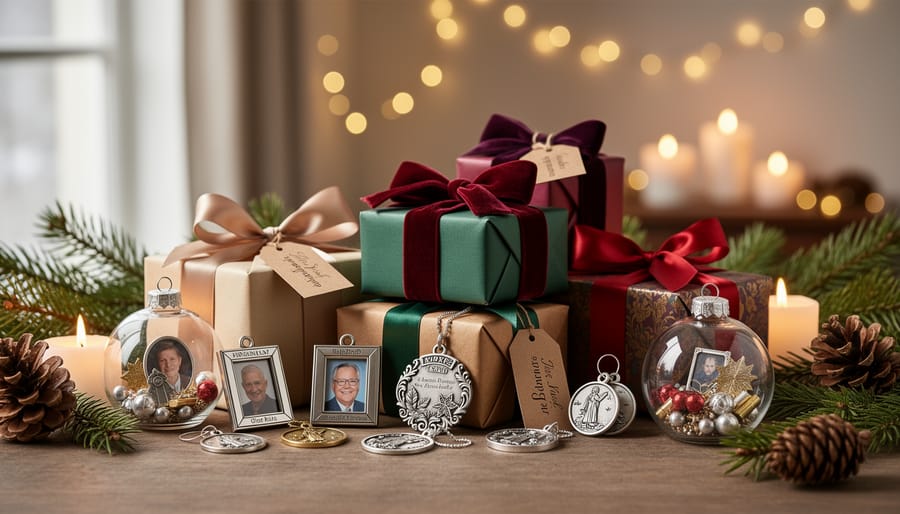Wrapped holiday gifts and ornament box on a living room table with soft Christmas lights in the background