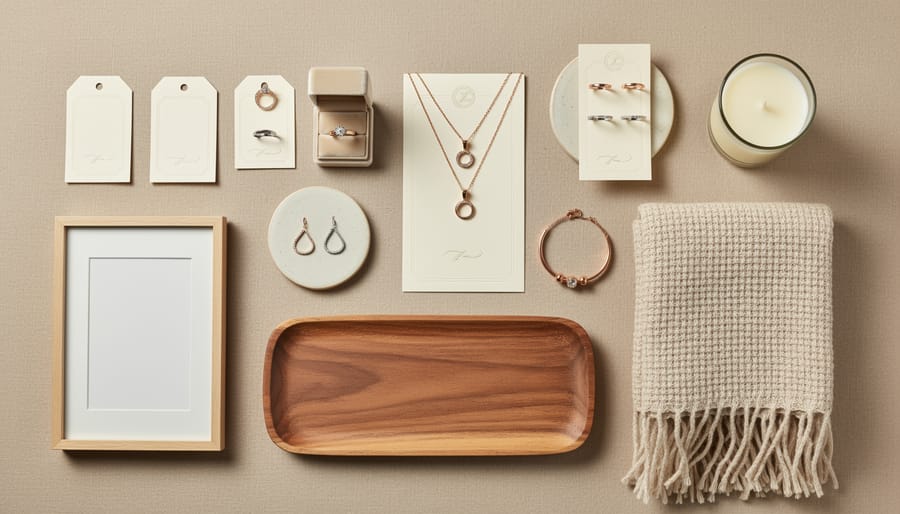 Flat-lay of gift tag card, jewelry box, and doormat fabric sample on a workbench