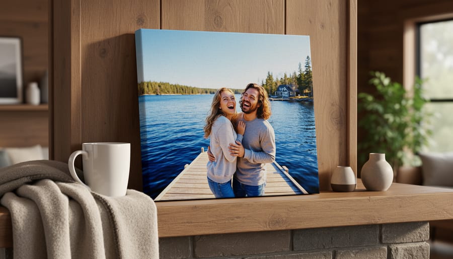 A framed canvas photo gift on a living-room mantel, showing two people laughing on a lakeside dock, with a matching mug and fleece blanket nearby in warm natural light.