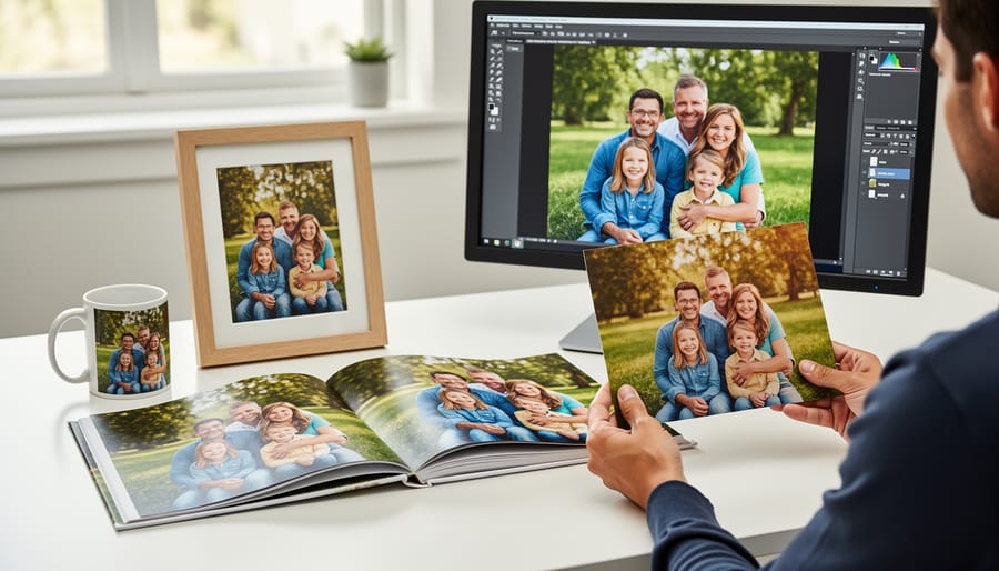 Close-up of hands inspecting the quality of a printed photo next to a smartphone with an image preview.