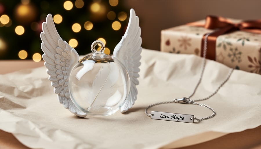 Memorial angel-wing and clear feather-ball ornaments placed with personalized bracelet and name-bar style jewelry on neutral holiday gift wrapping with blurred Christmas lights in the background.